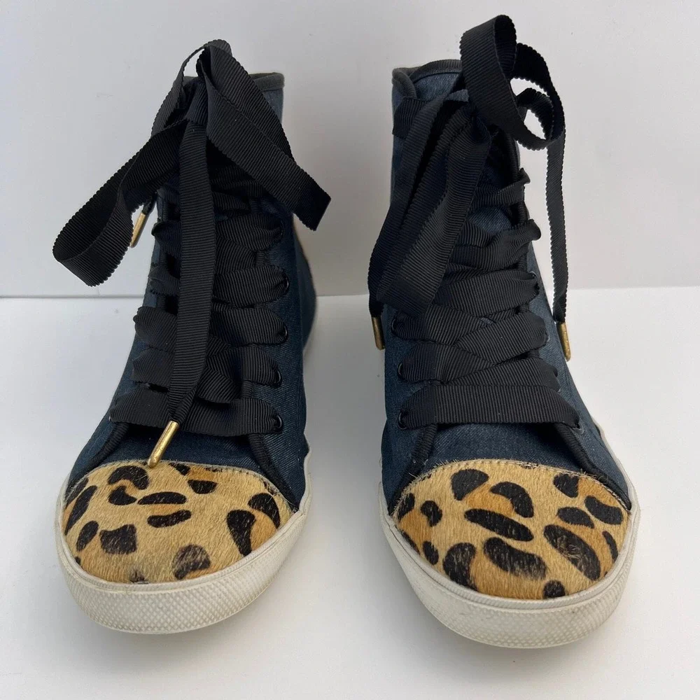 Kate Spade High Top Sneakers Navy Denim Leopard Calf Hair Womens Size 8M